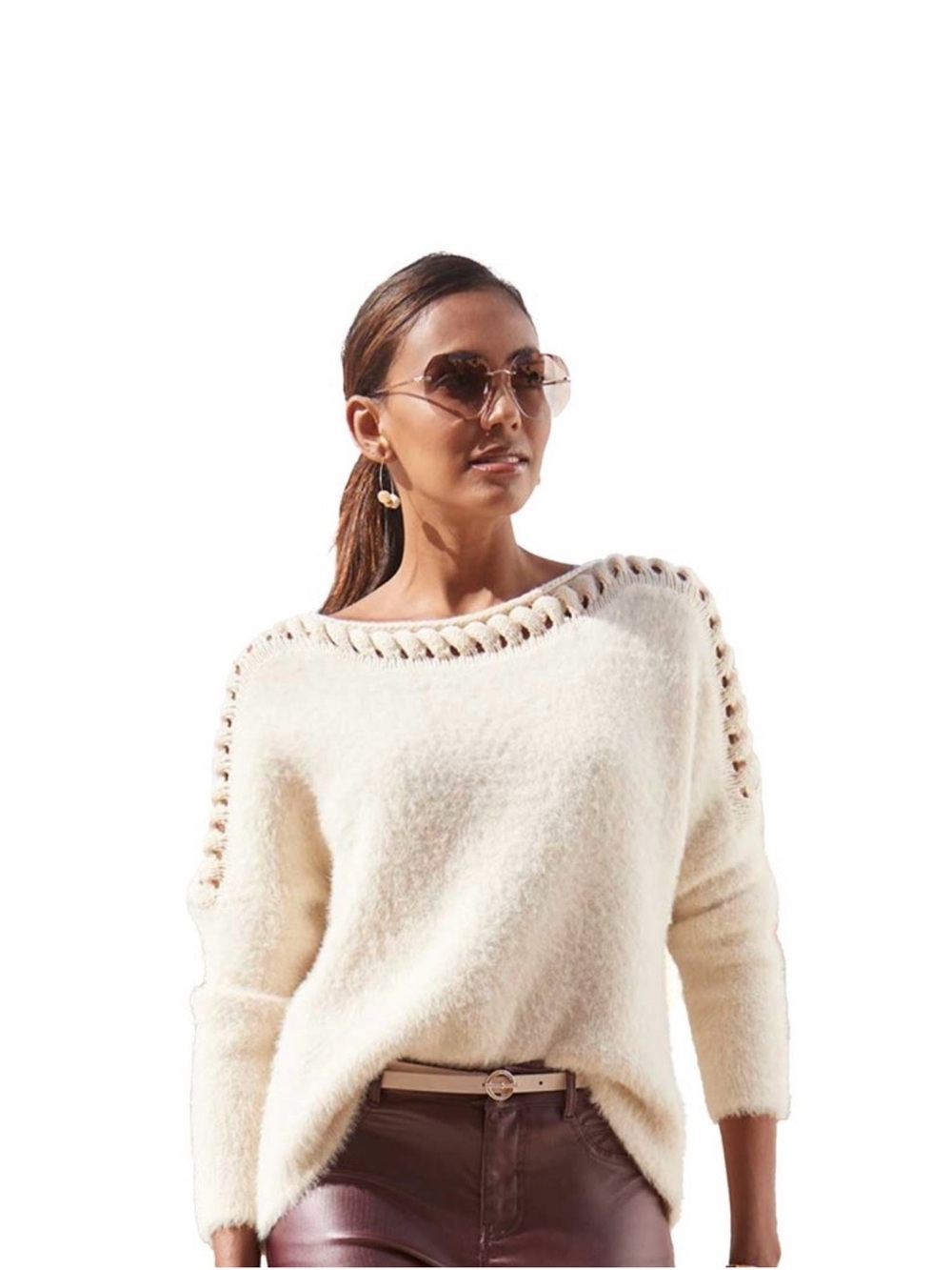 Off-the-Shoulder Cream Open-Stitch Knit Sweater